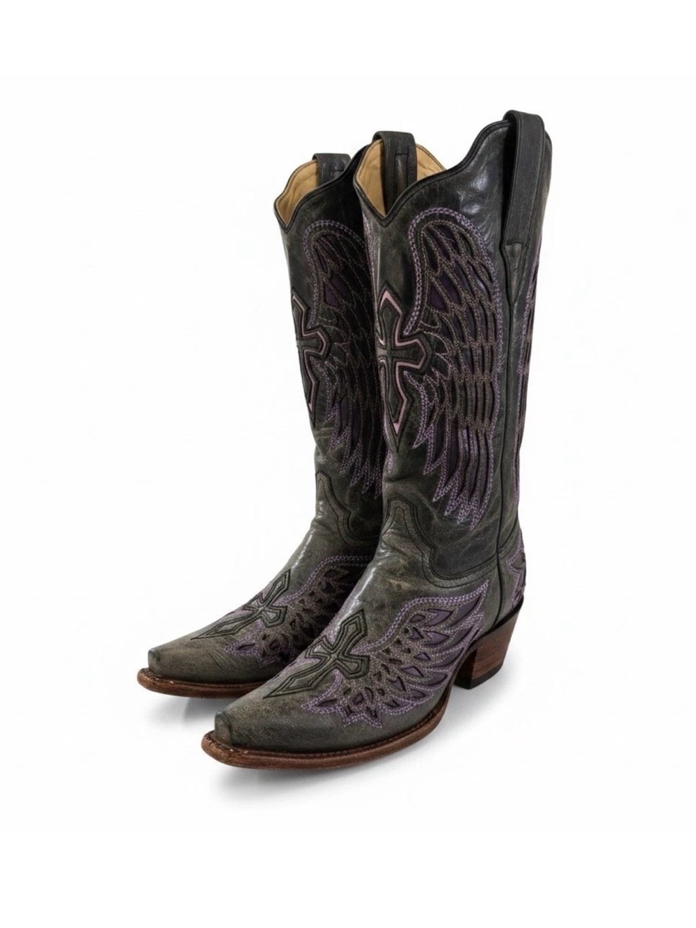 Corral Boots Women's Distressed Black Winged Cross Purple Inlay Boots Size 9